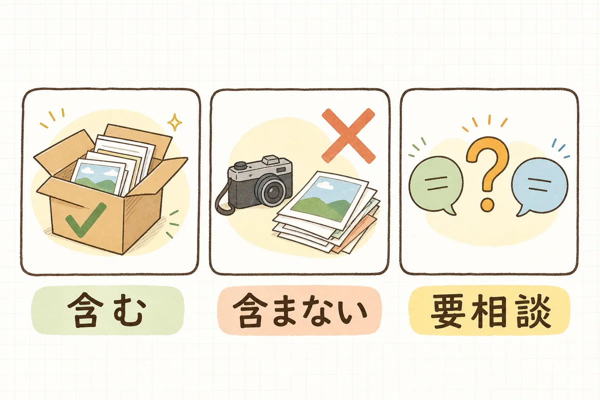 見積もりの項目を「含む」「含まない」「要相談」の3つの枠に振り分け、それぞれに合う絵を添えて並べた概念図