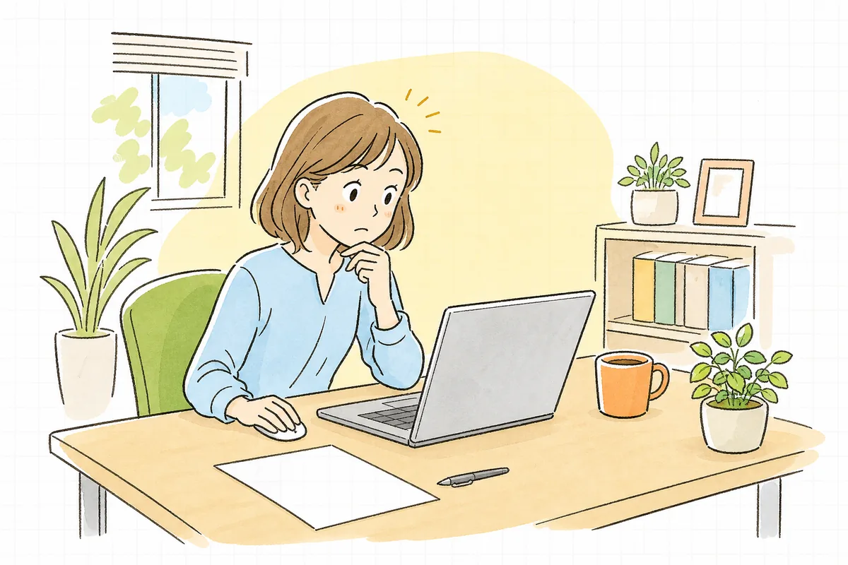 制作会社から届いたメールをノートパソコンで読み、少し驚いたように手を止めて画面を見つめている企業のWEB担当者