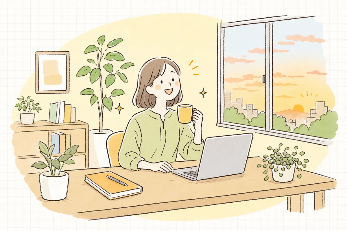 制作会社とのオンライン打ち合わせを終え、ノートパソコンの前で晴れやかな笑顔を浮かべている企業のWEB担当者