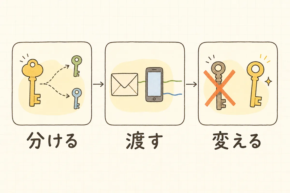 アカウント情報を分けて発行し、経路を分けて渡し、作業が終わったら変える、という3つの手順を左から順に並べた図
