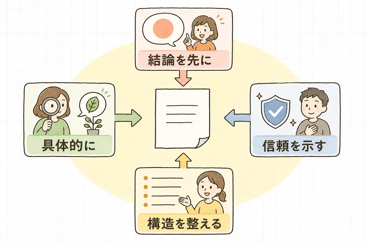 AIに引用されやすくする4つのポイント「答えを先に・具体的に・信頼を示す・構造を整える」を並べた図