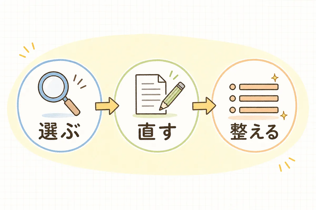 流入が落ちた記事を選び、検索意図に合わせて中身を直し、タイトルと見出しを整えるリライトの流れを示した概念図