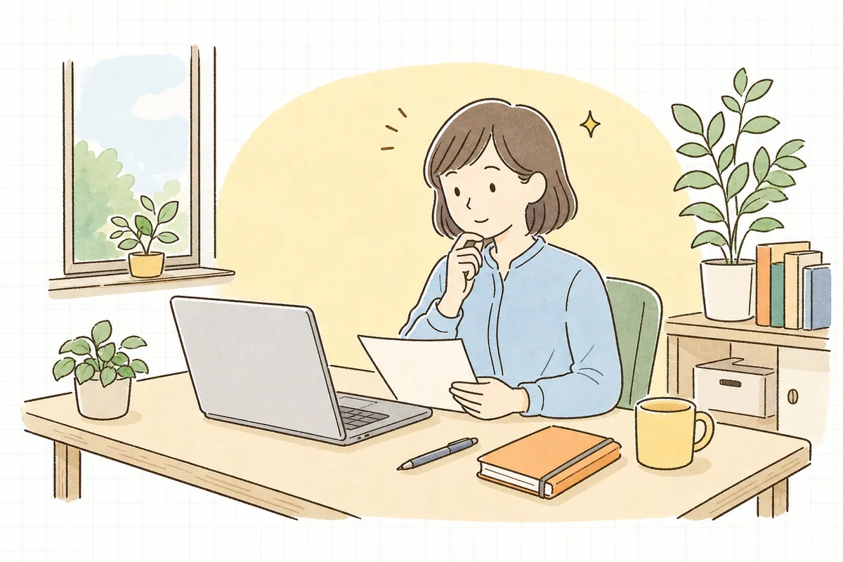 オフィスの机で、以前公開した自社サイトの記事を画面に開き、手元のメモと見比べながらどこを直すか考えている一人の企業のWEB担当者