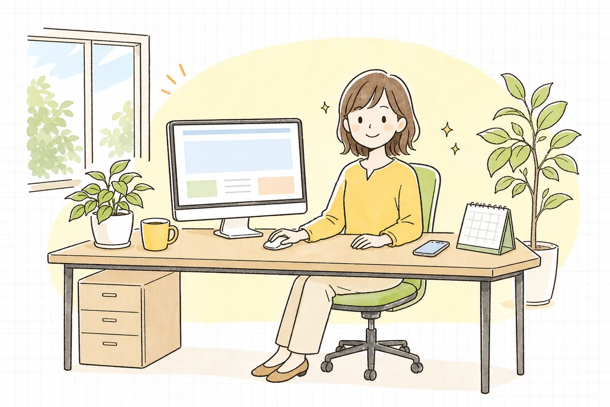 リンク切れの点検と修正を終えて、整ったサイトを前に落ち着いた表情で前を向いている企業のWEB担当者