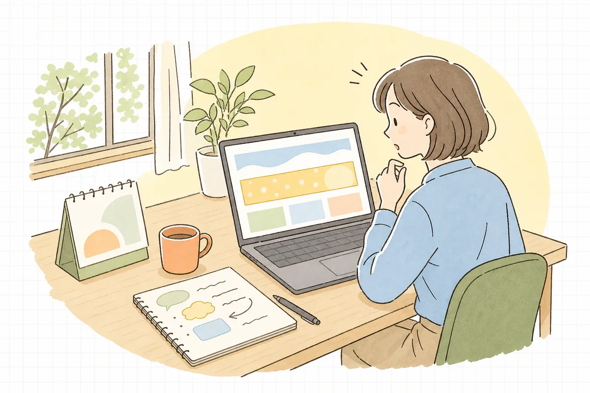 パソコン画面の自社サイトトップに残った期間限定バナーに気づき、少しはっとした表情で確認している一人のWEB担当者