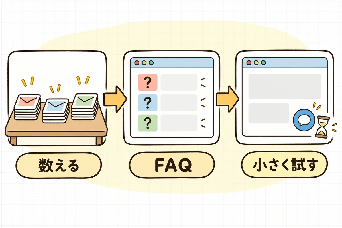 左から右へ矢印でつながる3つの場面に、数える・FAQ・小さく試すのラベルを添えた、チャットボット導入を判断する手順の図