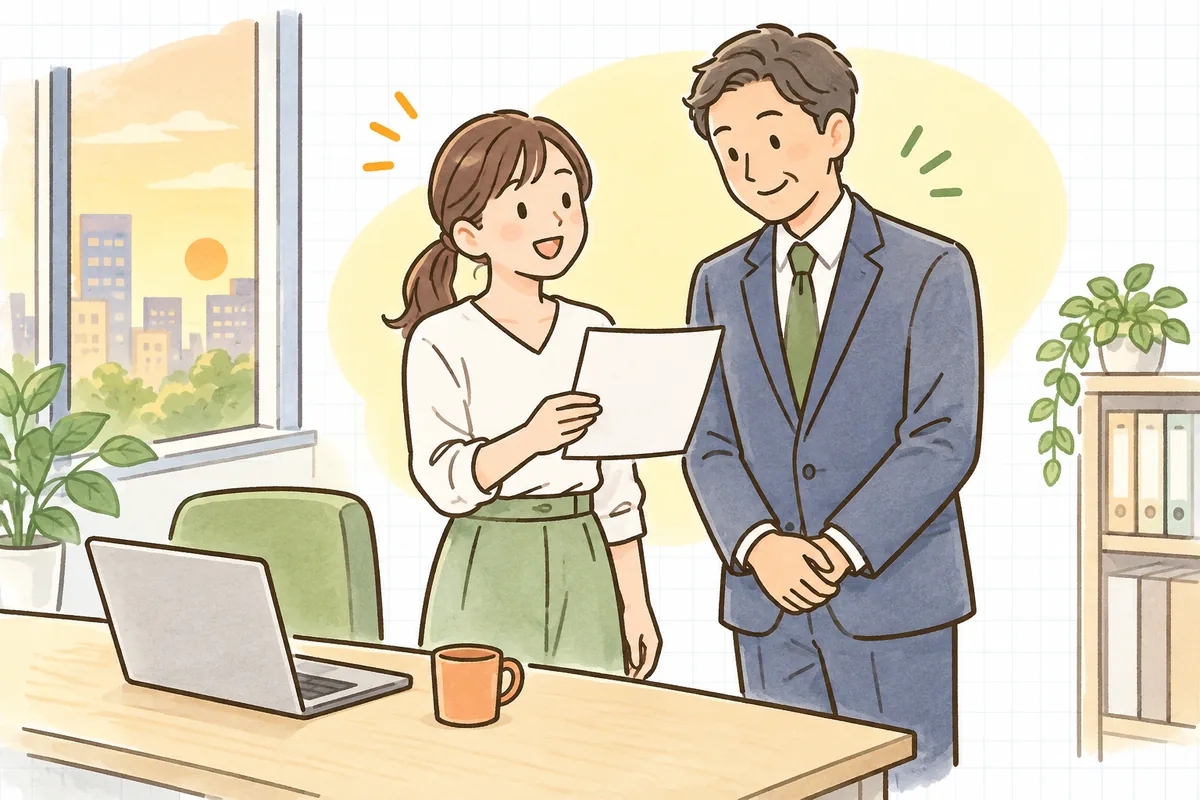 夕方のオフィスで、WEB担当者が上司と並んで1枚の表を見ながら、納得したように笑顔でうなずき合っている様子