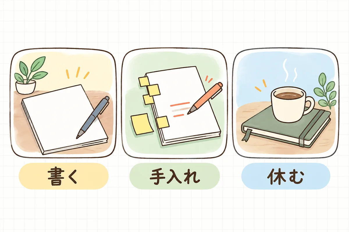 新しいページにペンで書き込む絵、書類に付箋を貼って直す絵、閉じたノートの上にコーヒーカップを置いた絵を横に並べ、ブログの続け方を3つから選ぶ考え方を示した図