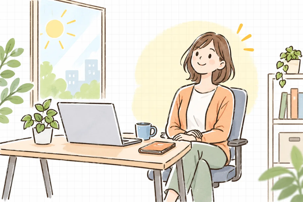 続け方を決めてすっきりした表情で、ノートパソコンの前で手帳を閉じ、次の仕事に向かおうとしている企業のWEB担当者