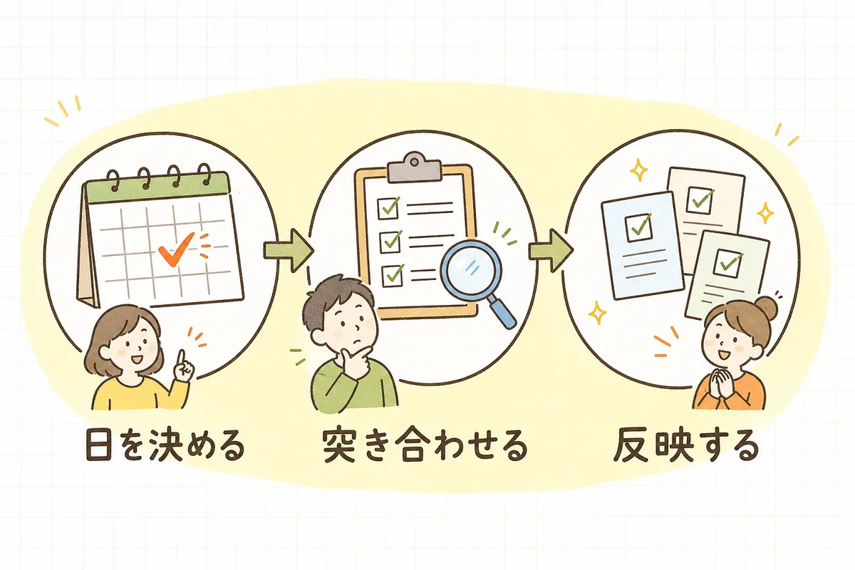 会社概要の棚卸しを「日を決める」「項目を突き合わせる」「直す場所へ反映」の順で示した流れ図