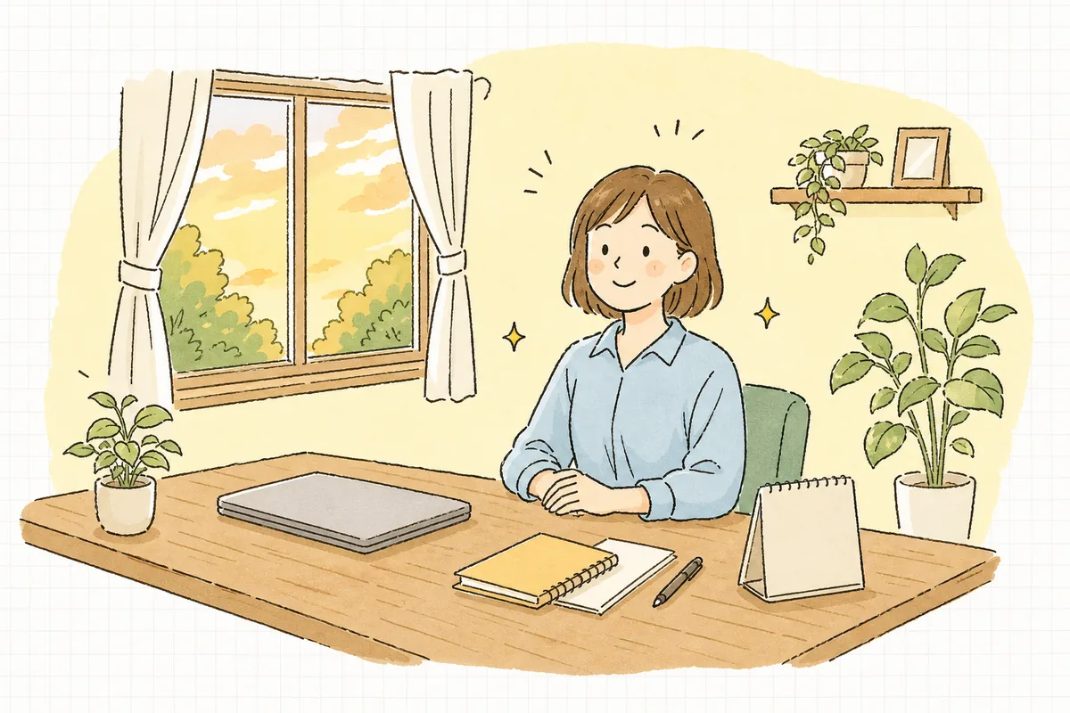 整理された明るい机で、確認を終えて少しほっとした表情で前を向いている担当者