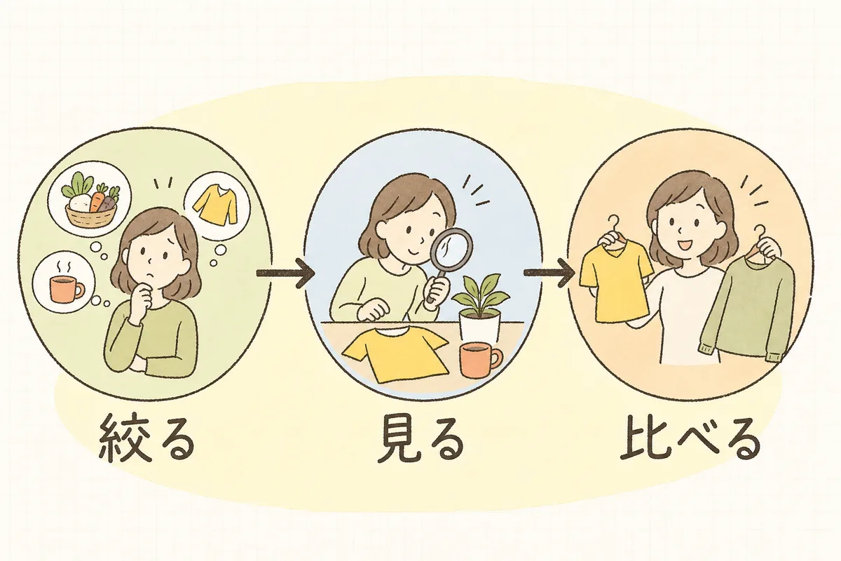 相手を絞る・同じ観点で見る・自社と並べて違いを書く、の3段で競合調査を進める流れ図