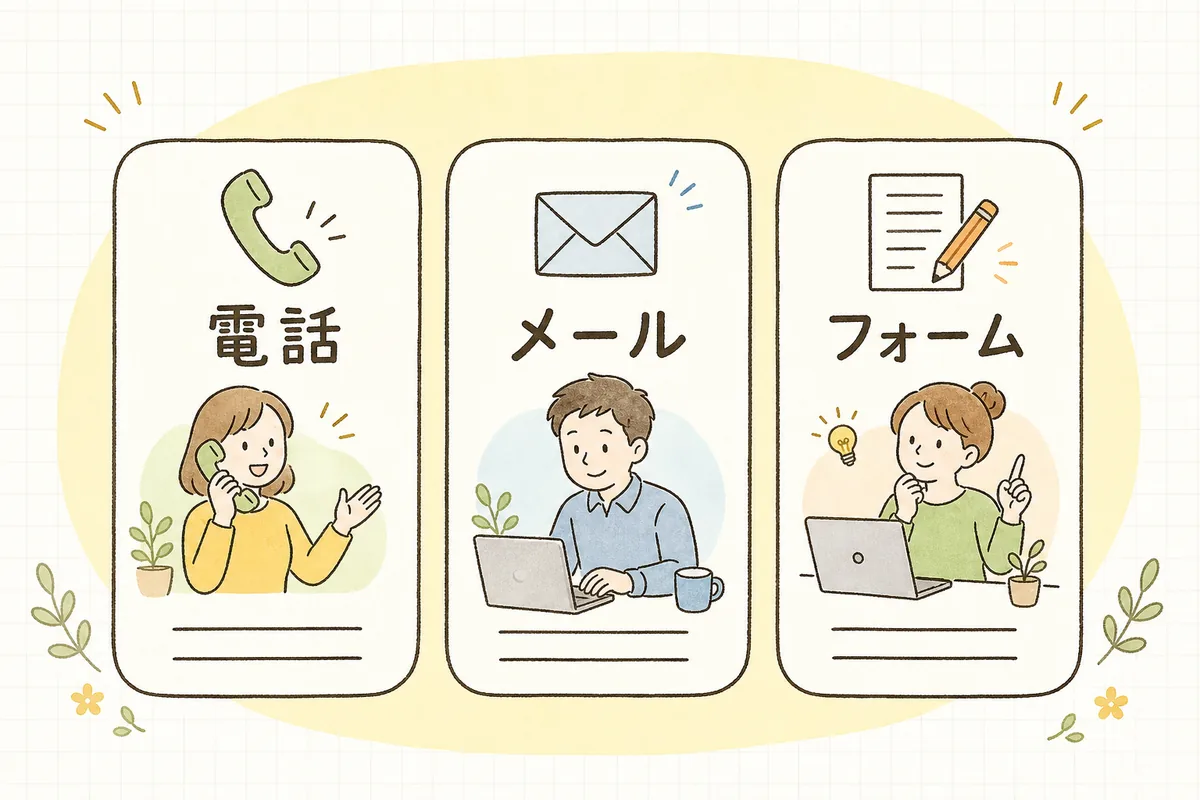 電話・メール・フォームの3つの入口を、それぞれ向いている場面とともに並べて整理した概念図