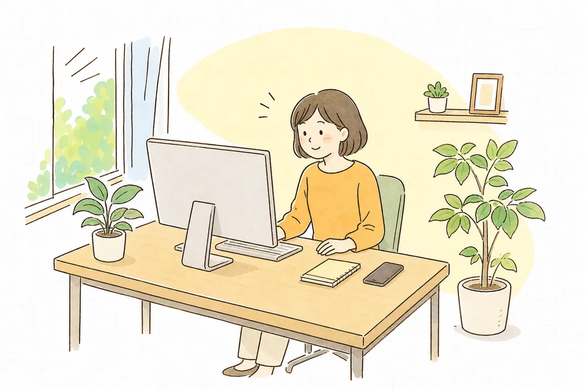 明るいオフィスで、問い合わせの届いたパソコンとスマホを前にほっと表情をゆるめている企業のWEB担当者