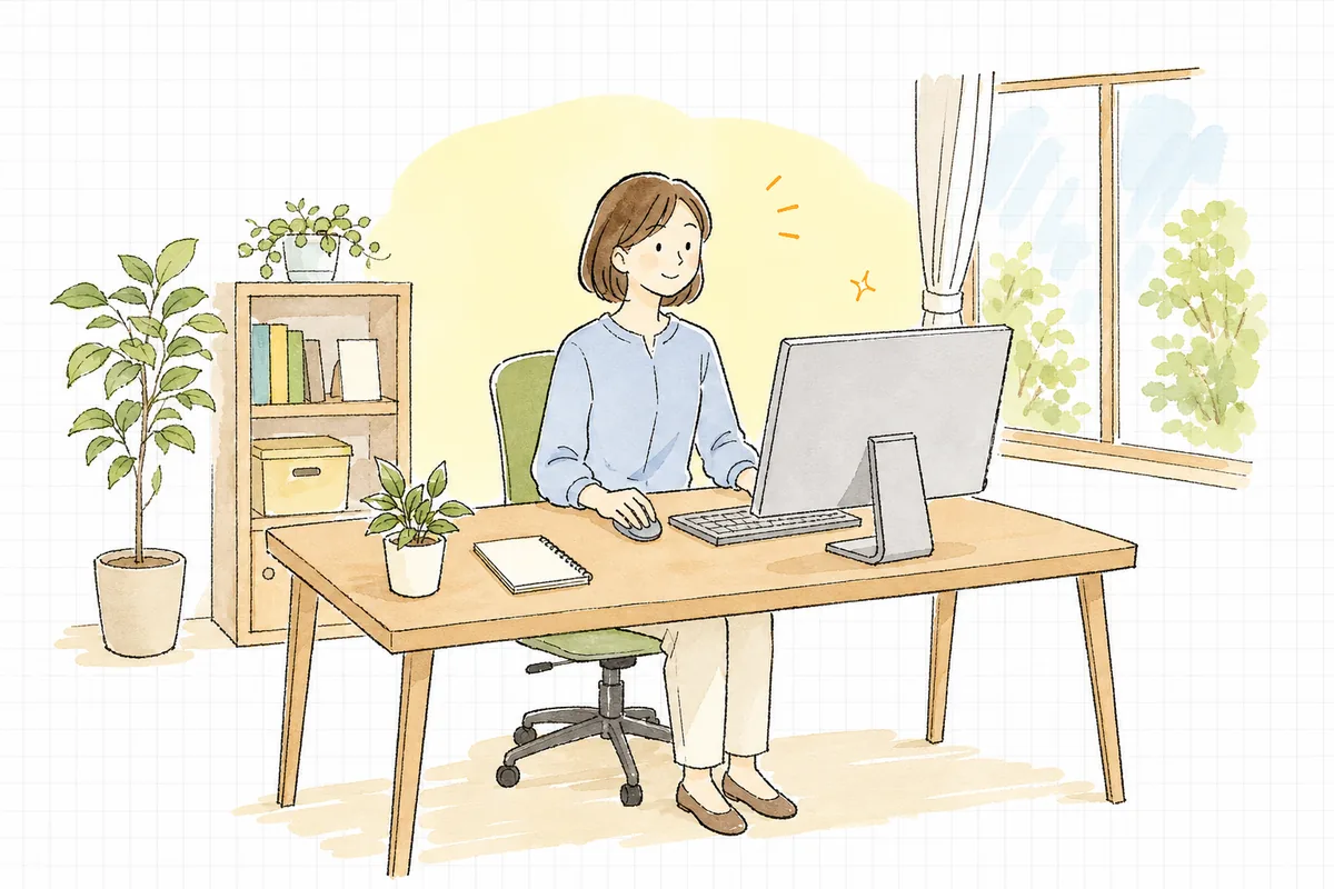 明るいオフィスで、問い合わせ通知の届いたパソコンを見てほっと表情をゆるめている企業のWEB担当者