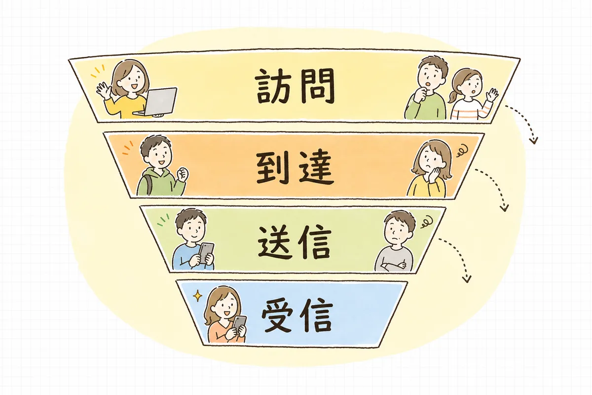 「サイト訪問→フォーム到達→送信→受信」の各段階のどこで問い合わせが止まっているかを切り分ける流れを示した概念図