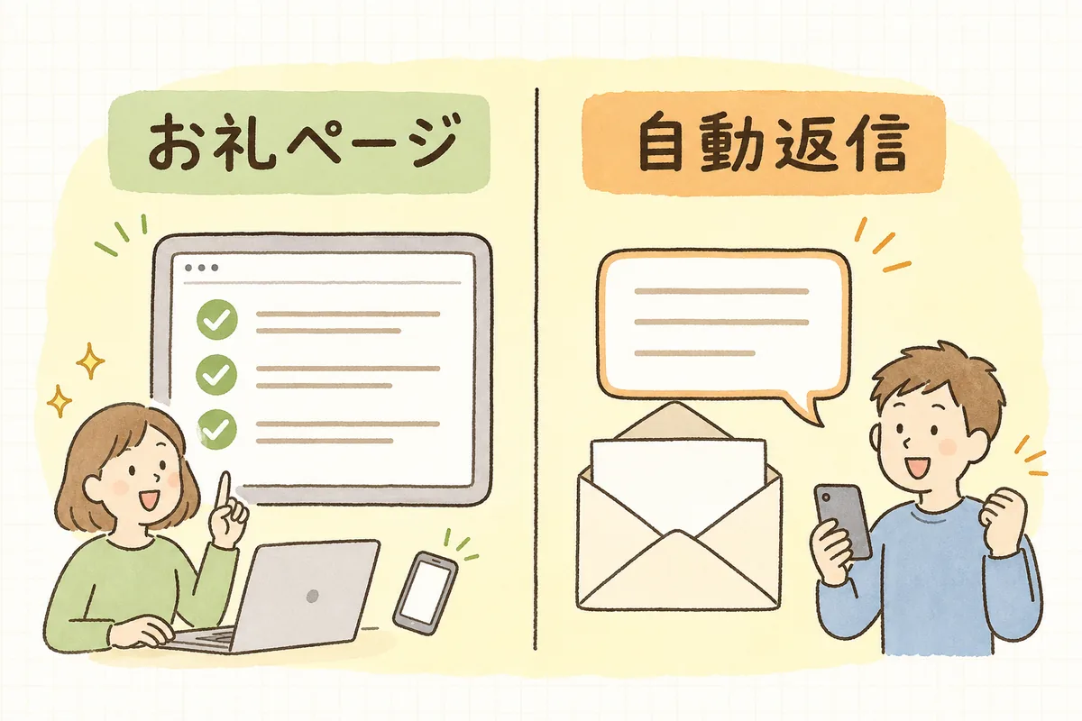 問い合わせ送信後に表示するお礼ページと、相手に届く自動返信メールに入れたい要素を並べて整理した概念図