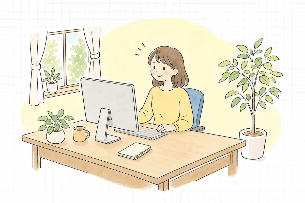 明るいオフィスで、問い合わせに対する返信を落ち着いて書き終え、ほっと表情をゆるめている企業のWEB担当者