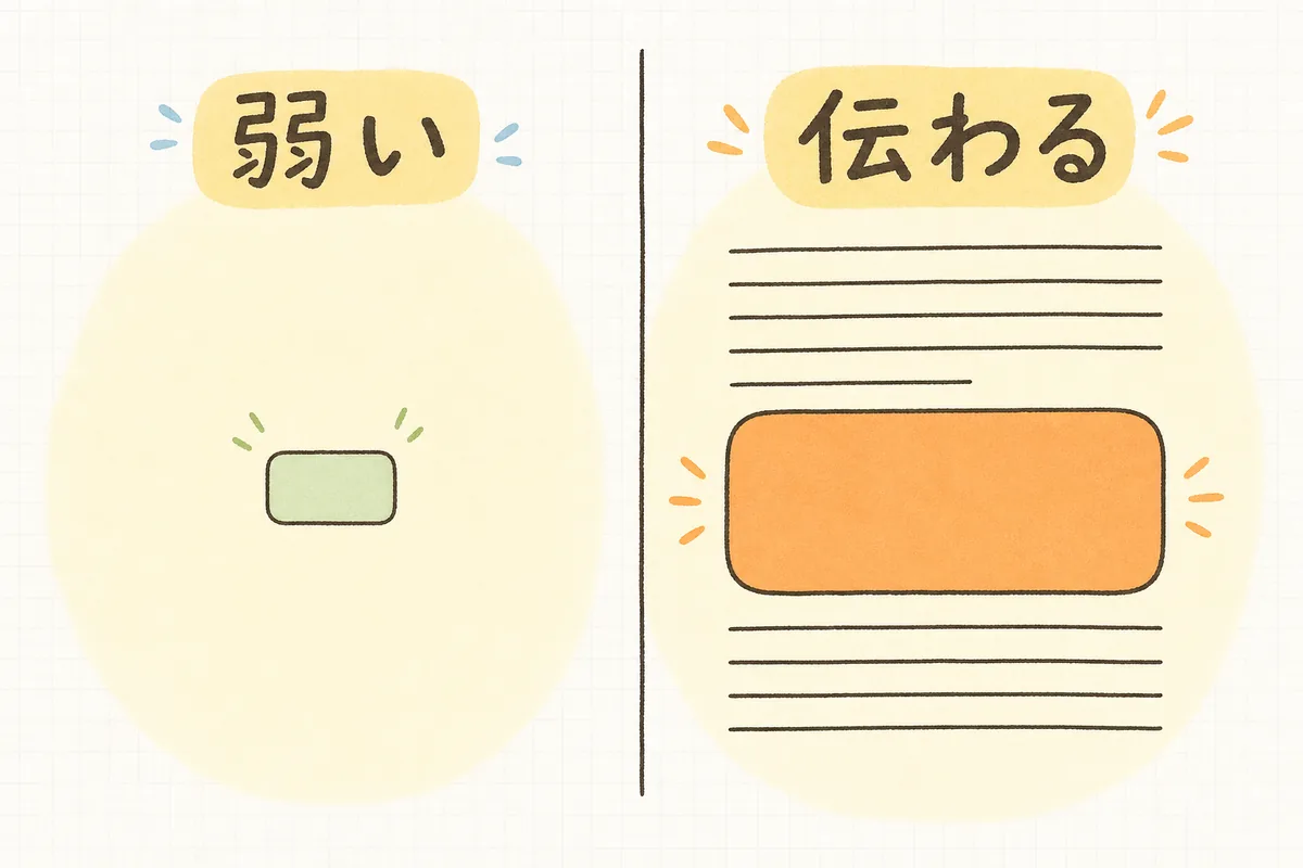 CTAボタンの「弱い文言」と「押した先が伝わる文言」を左右で比べ、置く位置の考え方を示した概念図