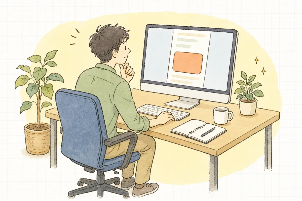 パソコンで自社サイトのページを開き、問い合わせボタンの位置や文言を確かめながら少し考え込んでいる企業のWEB担当者