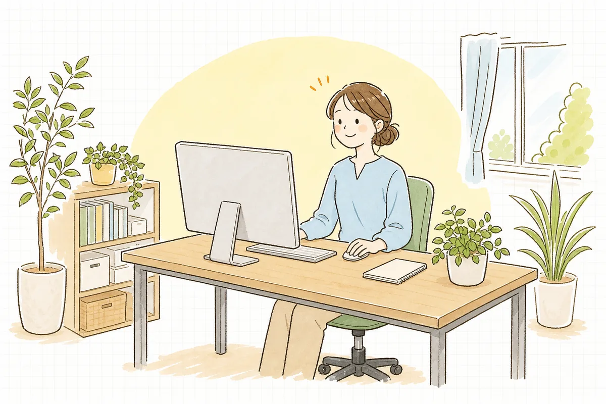 明るいオフィスで、問い合わせ通知の届いたパソコンを見てほっと表情をゆるめている企業のWEB担当者