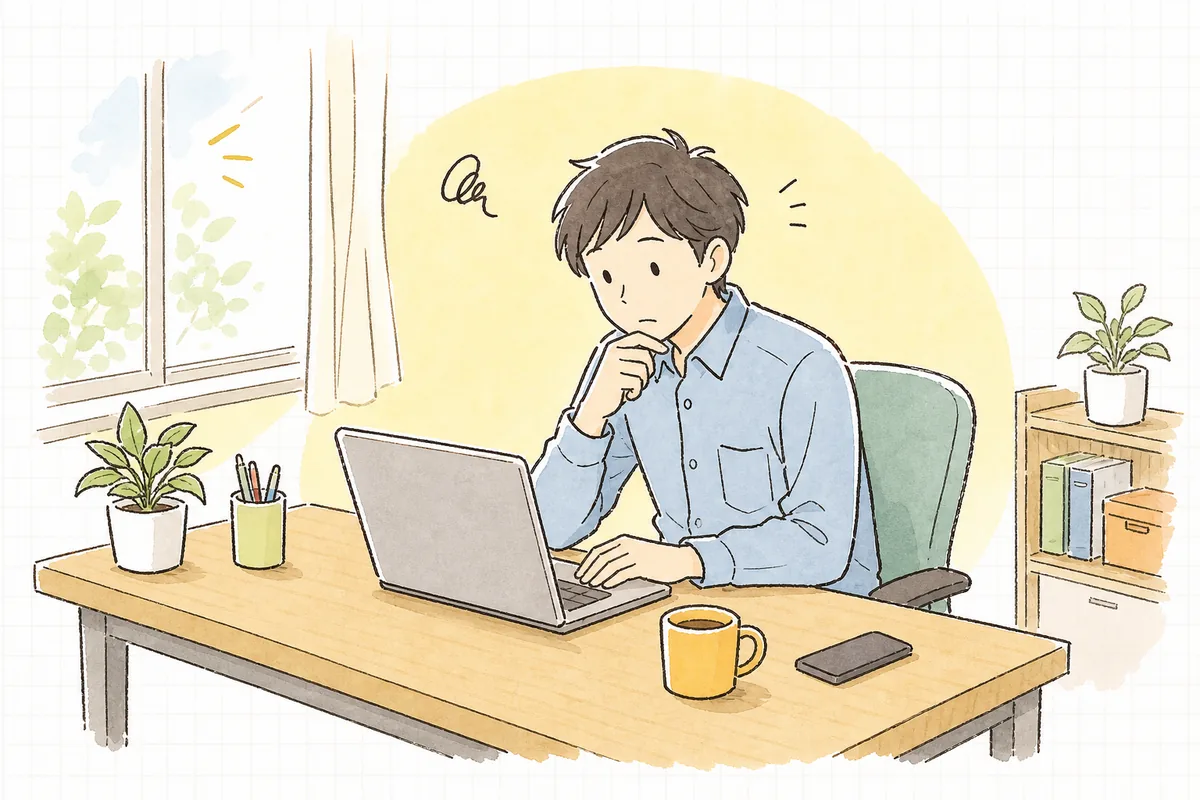 「送ったメールが相手に届いていない」と社内から相談され、ノートパソコンの前で少し困った表情でメール画面を見つめている企業のWEB担当者