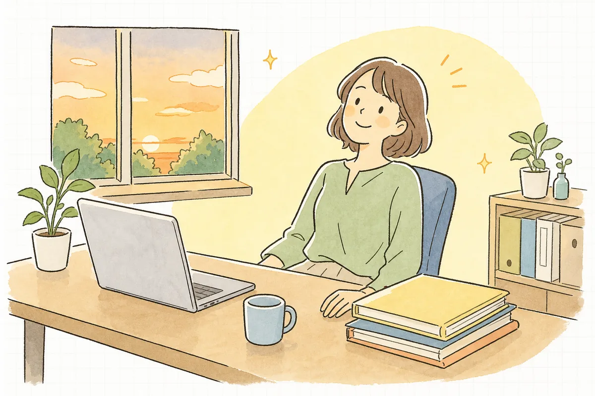 契約情報をまとめた一覧を作り終えて、肩の力が抜けた明るい表情でパソコンの前に座っている企業のWEB担当者