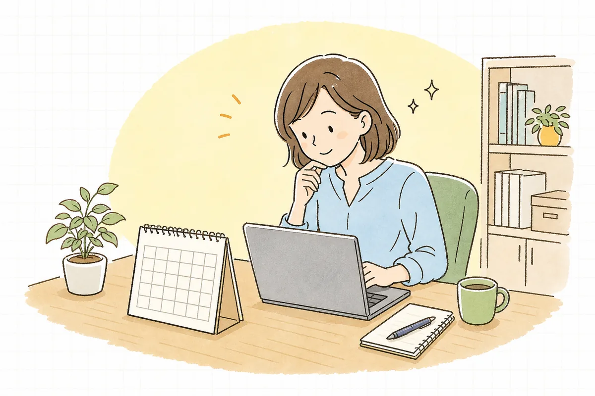オフィスの机で、カレンダーとノートパソコンを見比べながら、契約の更新時期を確認して少し考えているWEB担当者