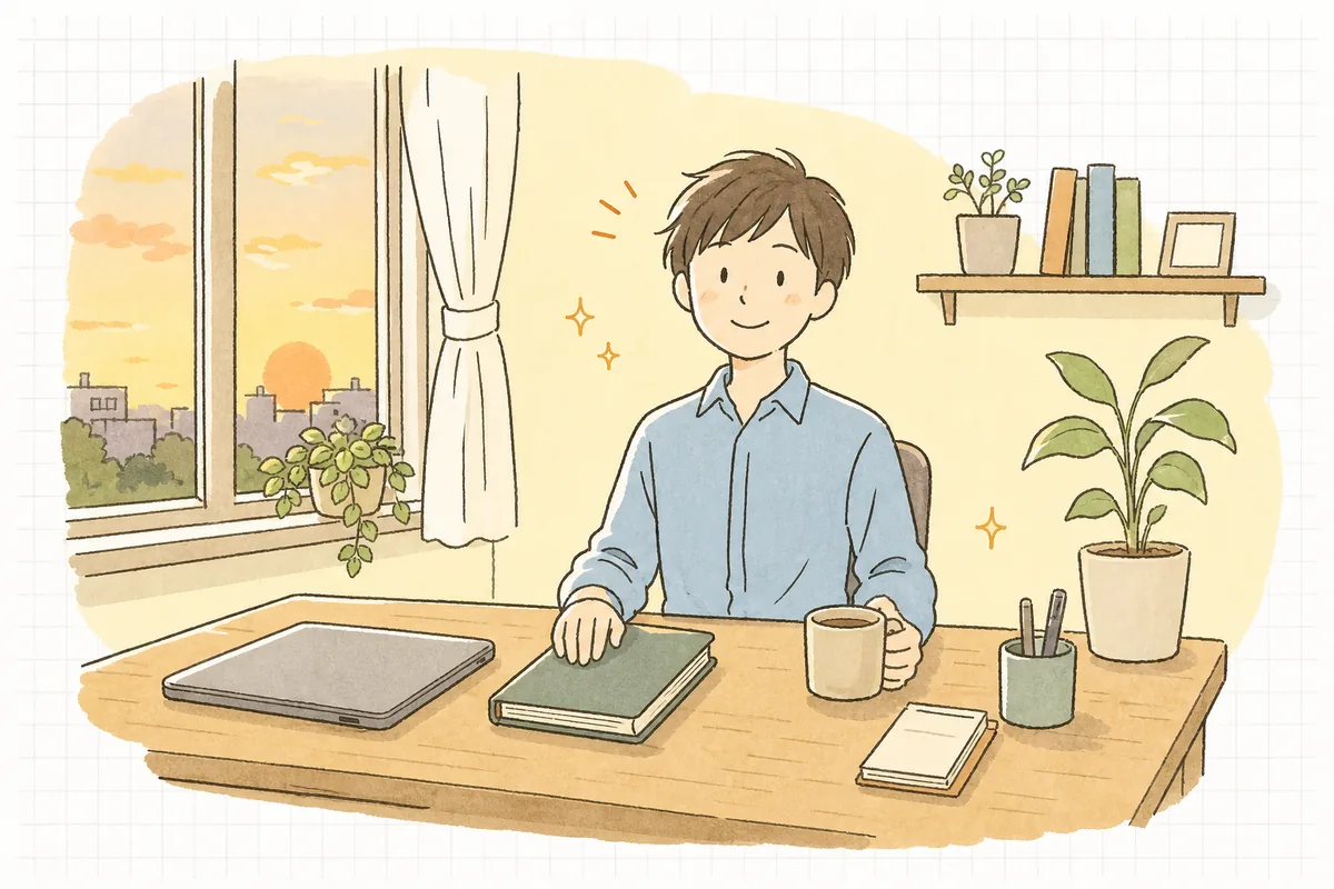 整理された明るい机で、契約一覧のメモを閉じて、やることを終えた安心した表情で前を向いている担当者
