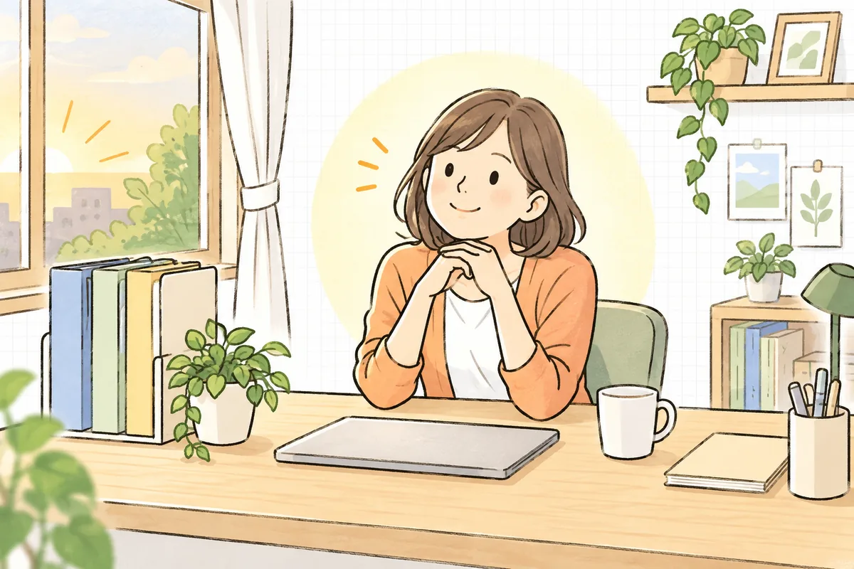 片付いた明るい机で、一覧表の確認を終えて少しほっとした表情で前を向いているWEB担当者