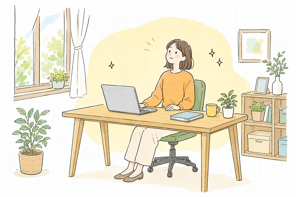 整理し終えた記事一覧を眺めて、すっきりとした表情で顔を上げている企業のWEB担当者