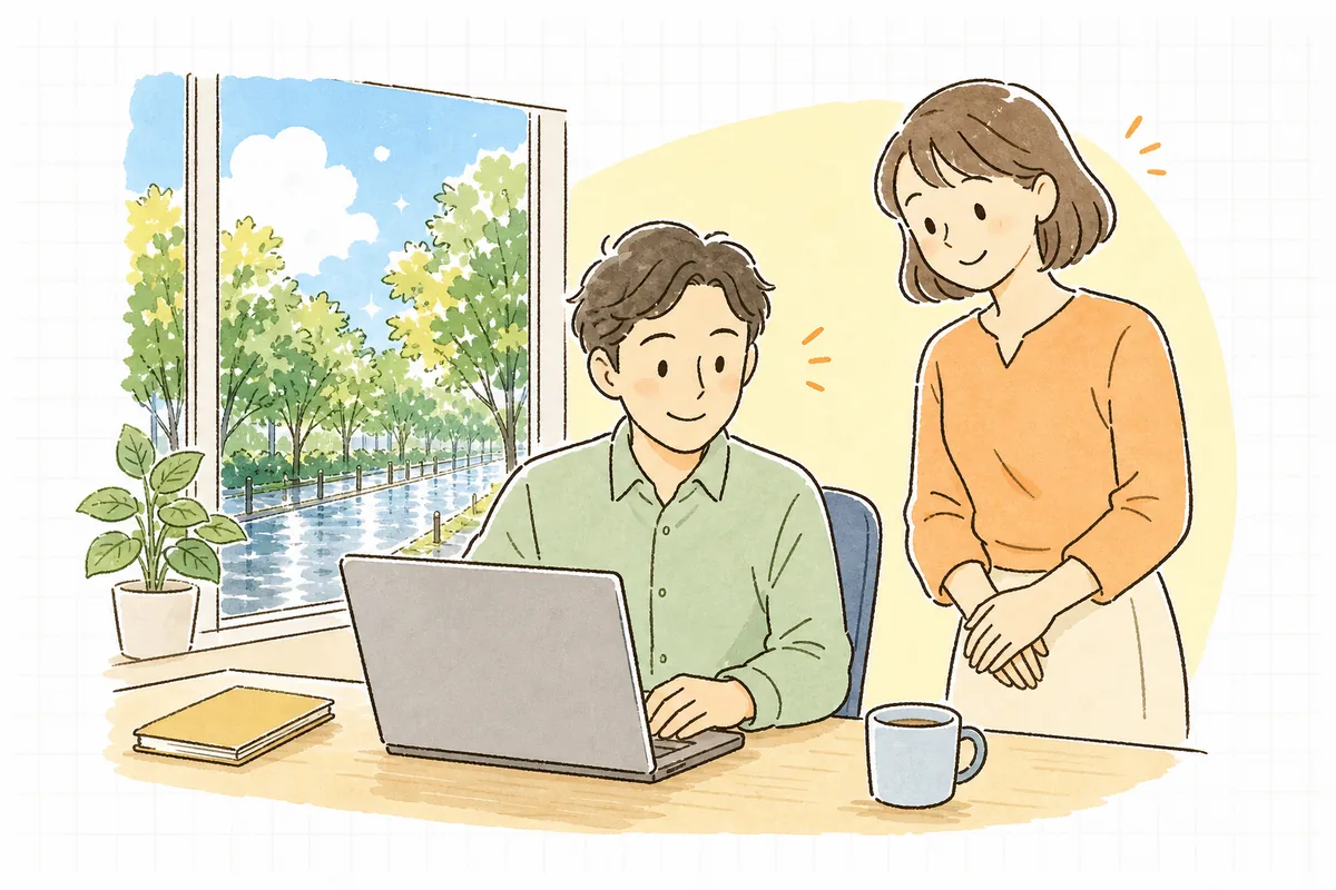 翌朝の明るいオフィスで、通常営業に戻ったサイトの画面を確認しながら同僚と穏やかに話している企業のWEB担当者