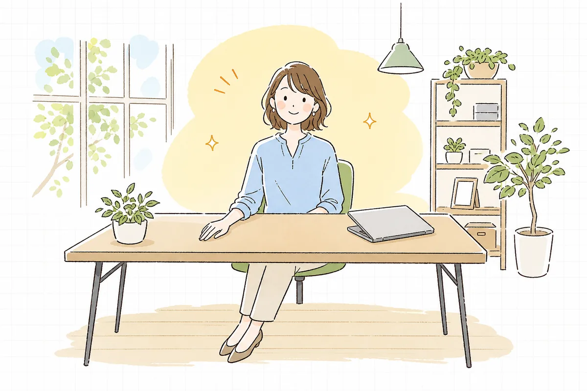 整理を終えて、すっきりとした表情でパソコンの前から前を向いている企業のWEB担当者