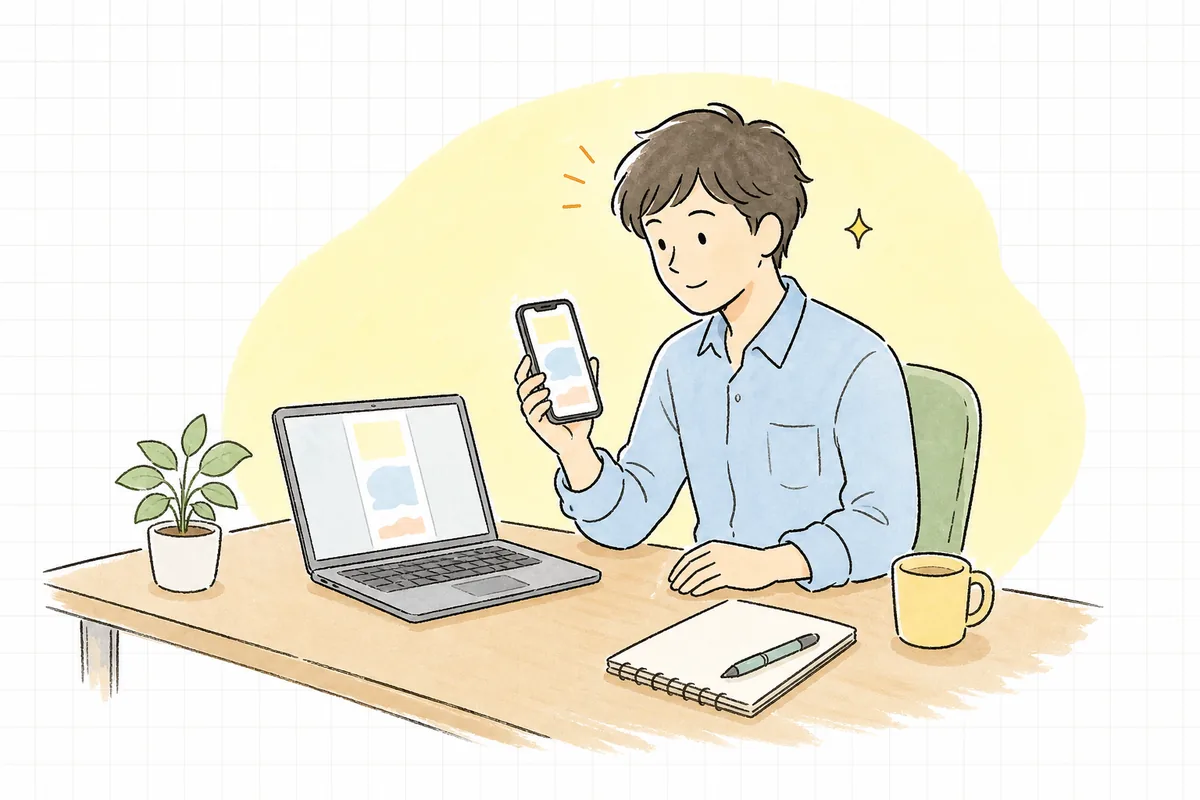 机の上でスマートフォンとノートパソコンの両方に自社サイトを表示し、見え方の違いを見比べている企業のWEB担当者