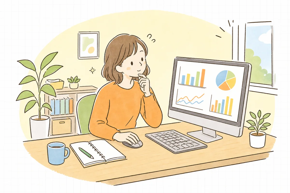 パソコンの画面に並ぶアクセス解析のグラフを見ながら、首をかしげて考えている企業のWEB担当者