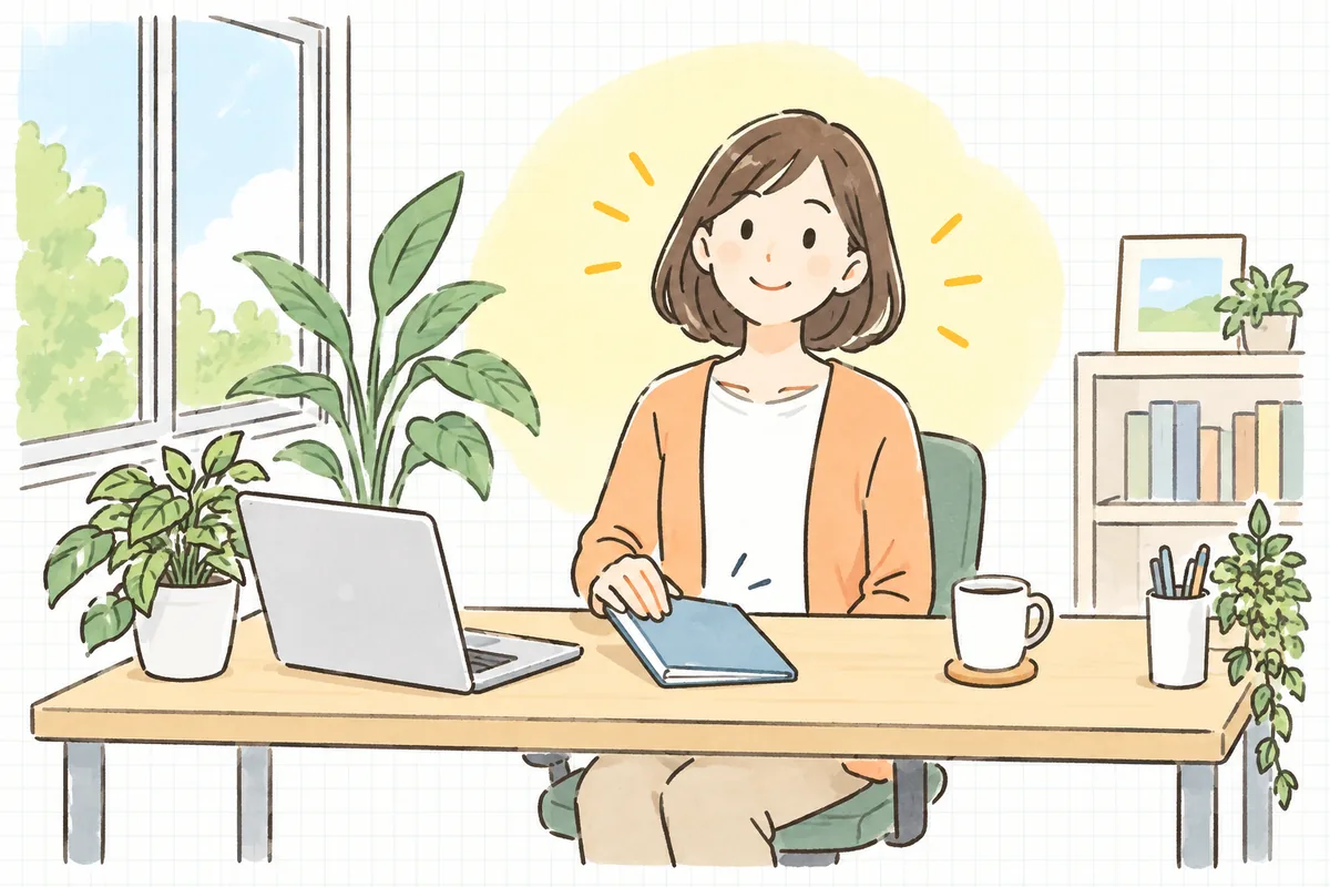 明るいオフィスで、直すページが1つに絞れてすっきりした表情でノートを閉じ、前を向いている企業のWEB担当者