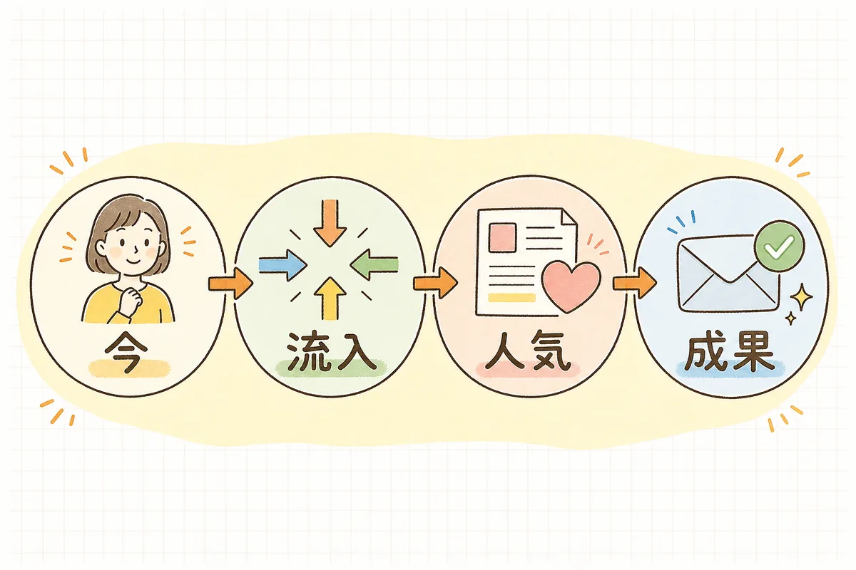 GA4で最初に見る4つの画面を「今・流入・人気ページ・成果」の順に並べた概念図