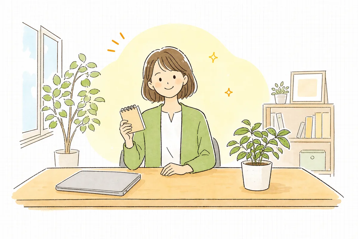 明るいオフィスでメモを片手に、落ち着いた表情で前を向いている企業のWEB担当者