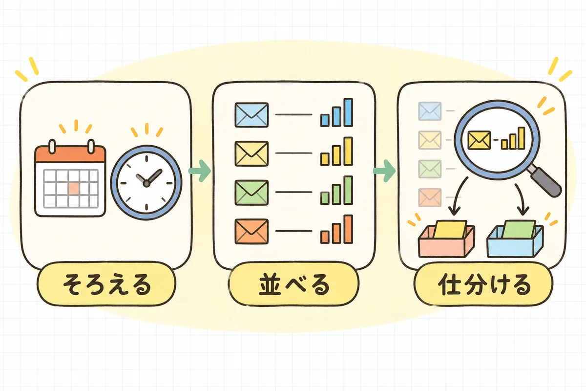 GA4の件数とフォーム受信数のずれを照合する3ステップ「そろえる」「並べる」「仕分ける」を、それぞれの絵と組み合わせて左から右に並べた概念図