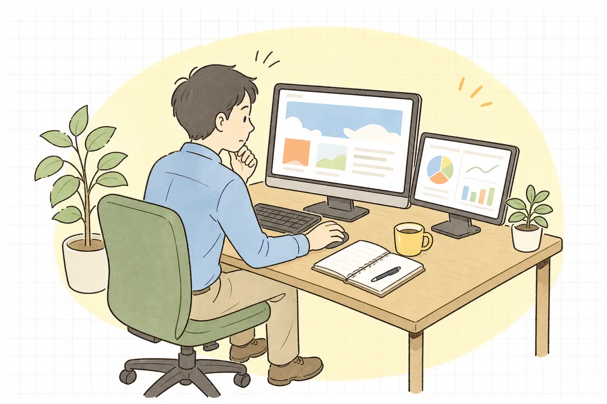 オフィスで自社サイトを確認しながら、アクセス解析の数字が自分の閲覧で増えていないか少し気にしている企業のWEB担当者