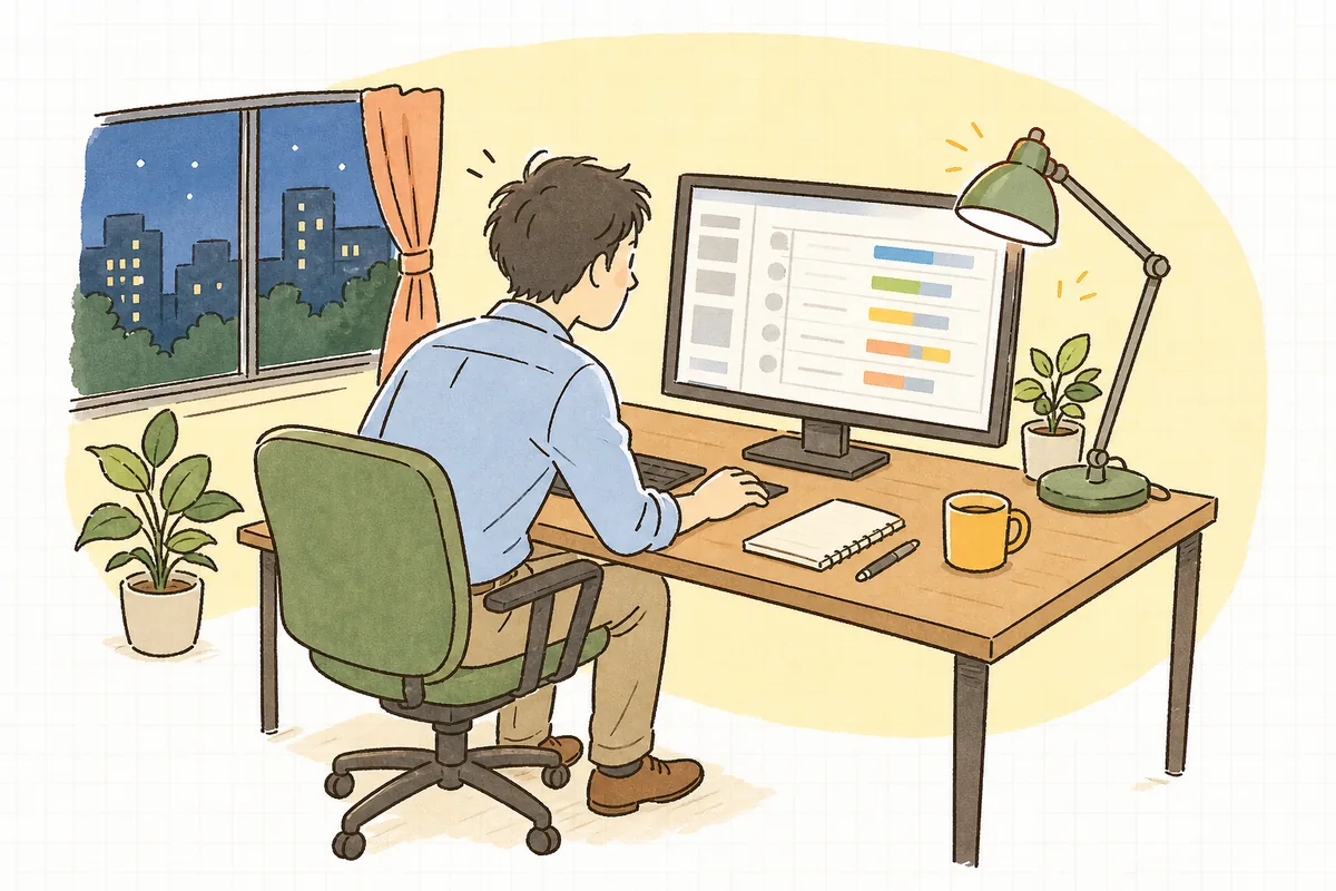 夜のオフィスでパソコンのアクセス解析画面を開き、どのページが読まれているのかを確かめようと画面を見つめている企業のWEB担当者