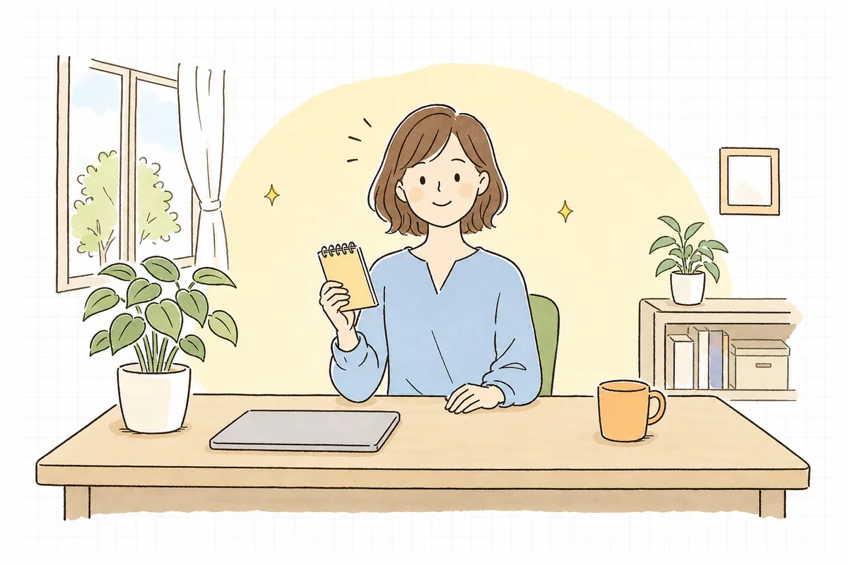 明るいオフィスでメモを片手に、やることが1つに定まって落ち着いた表情で前を向いている企業のWEB担当者