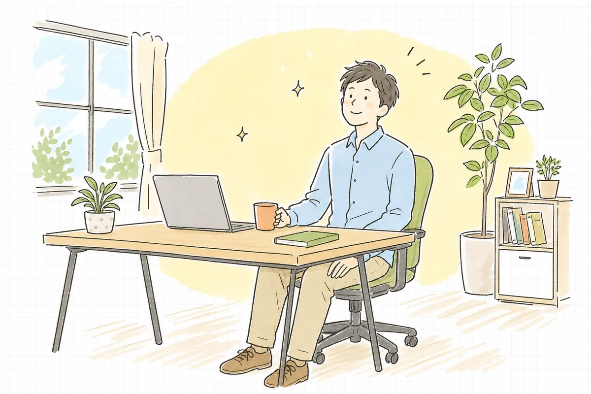 落ち着いた表情で椅子に座り、設定を終えた画面から少し顔を上げている企業のWEB担当者