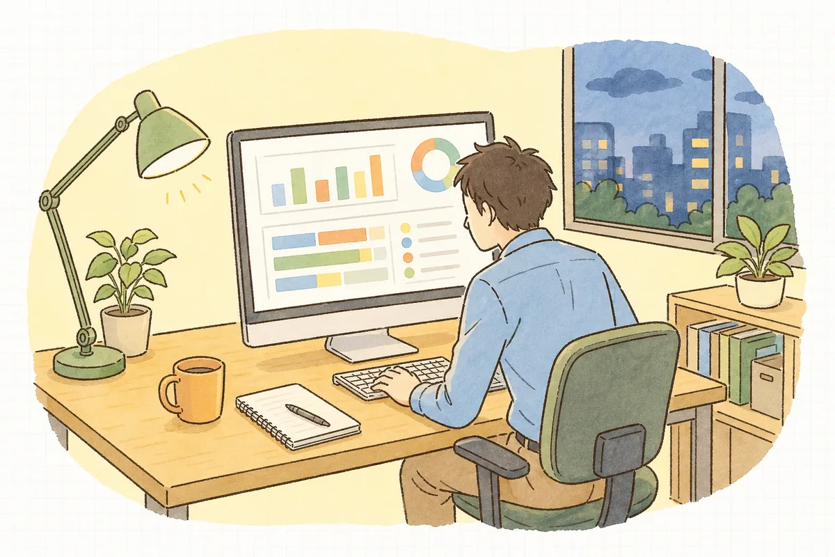 夜のオフィスでパソコンのアクセス解析画面を開き、サイトへの入口がどこから来ているのかを確かめようと画面を見つめている企業のWEB担当者