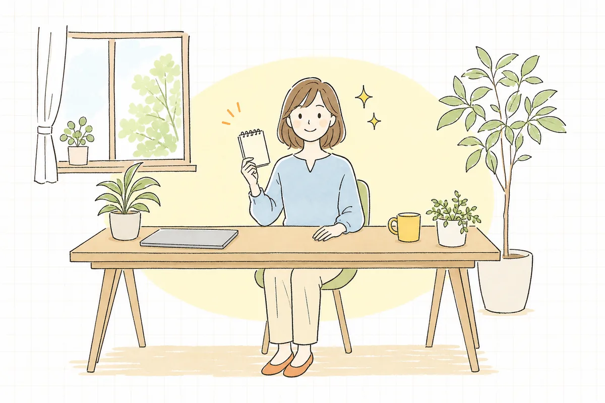 明るいオフィスでメモを片手に、サイトの入口の全体像がつかめて落ち着いた表情で前を向いている企業のWEB担当者