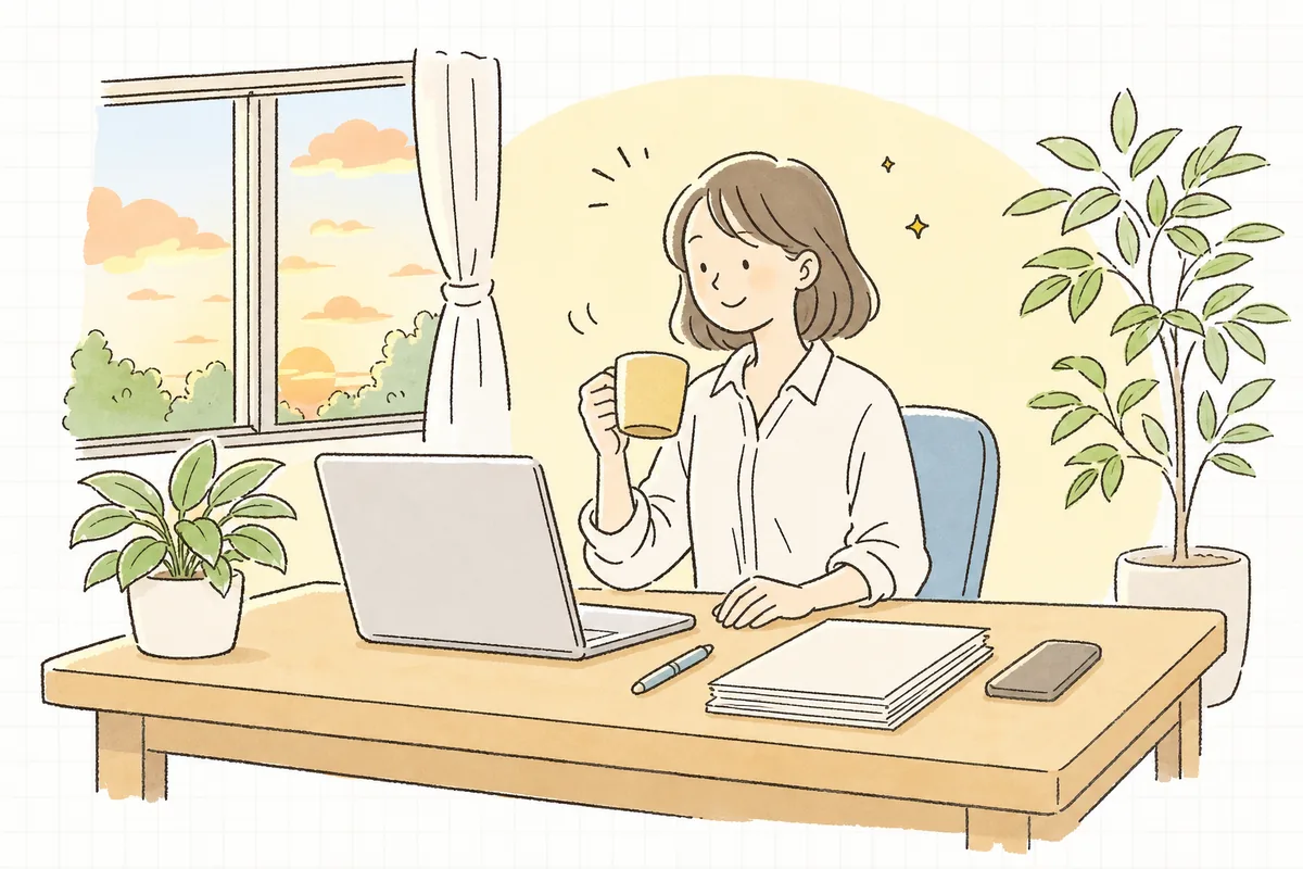 確認を終えて制作会社に返信を送り、ノートパソコンの前で肩の力を抜いて穏やかにほほえんでいる企業のWEB担当者
