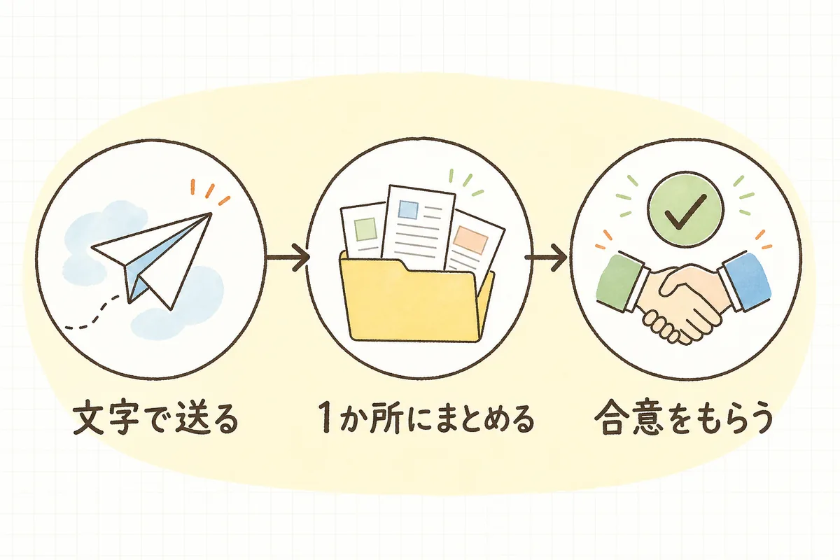 依頼を記録に残す3つのステップを「文字で送る・1か所にまとめる・合意をもらう」の順に並べた概念図