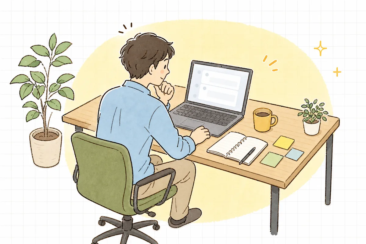 オフィスの机で、制作会社とのやりとりを思い返しながら過去のメールを見返し、少し困った表情で考え込んでいる企業のWEB担当者