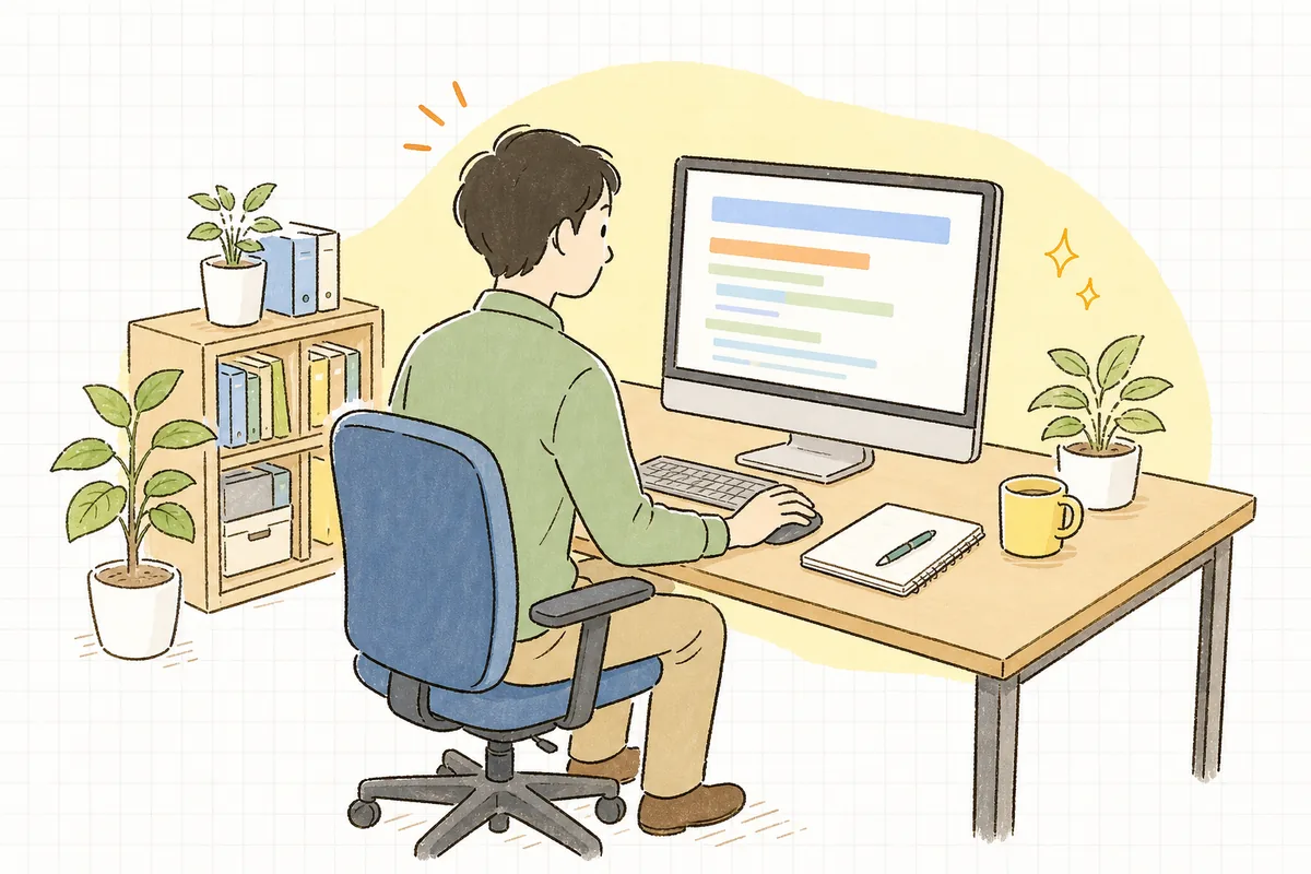 パソコンで自社サイトのページ編集画面を開き、見出しの並びを目で追いながら考えている企業のWEB担当者