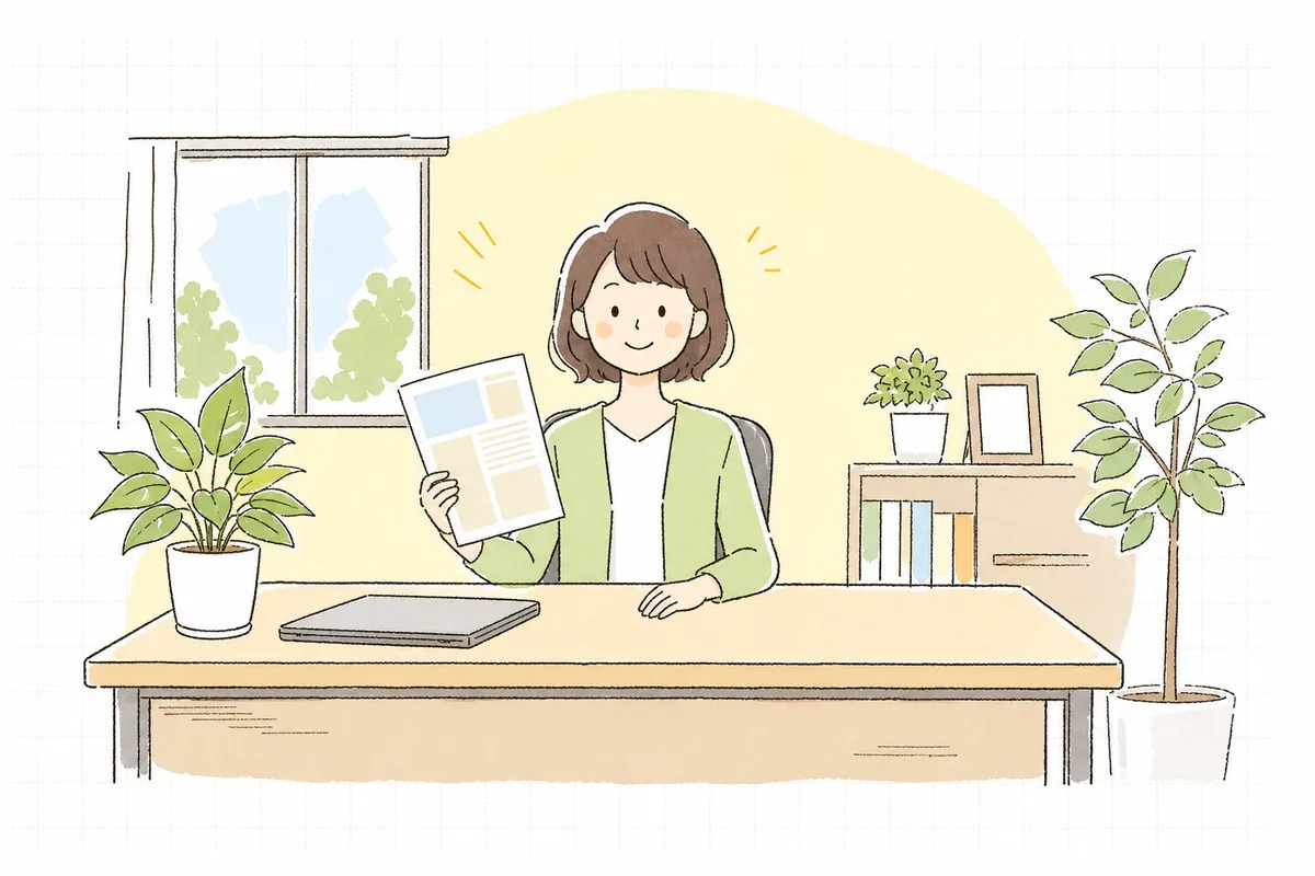 明るいオフィスで整った資料を眺め、すっきりと前を向いて穏やかにほほえんでいる企業のWEB担当者